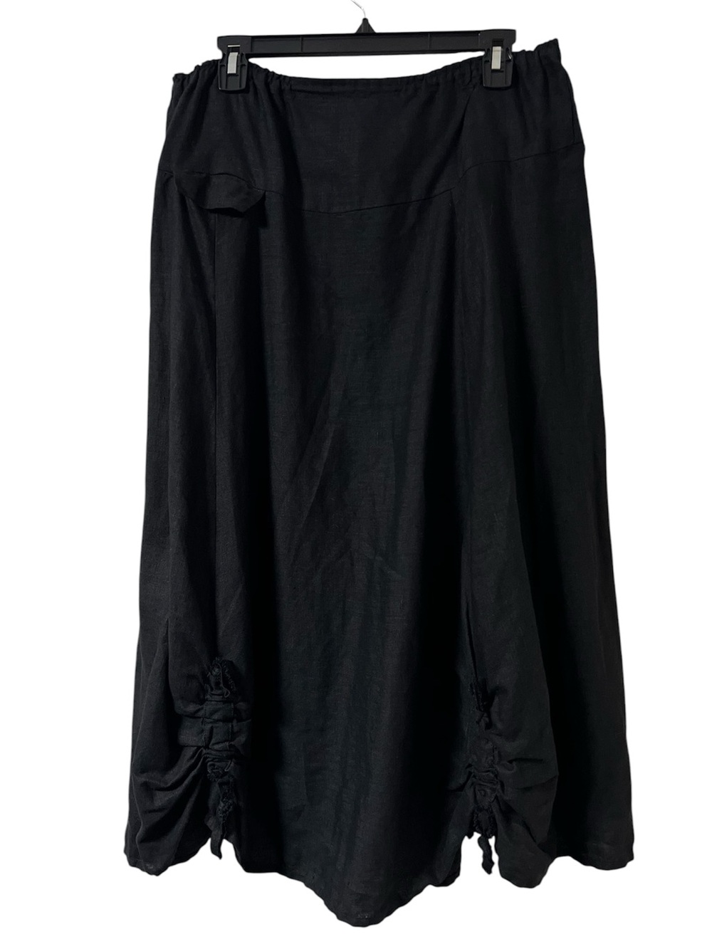 Noblu Linen Midi Skirt Women’s L Black Pull On Bohemian Lagenlook Ruching Pocket